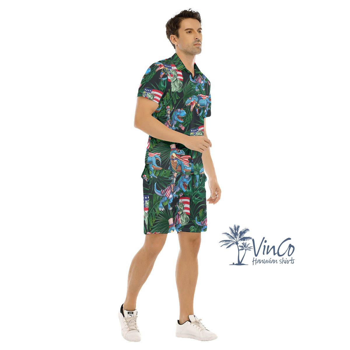 Set Dinosaur 4th Of July Hawaiian Shirt And Matching Shorts For Men