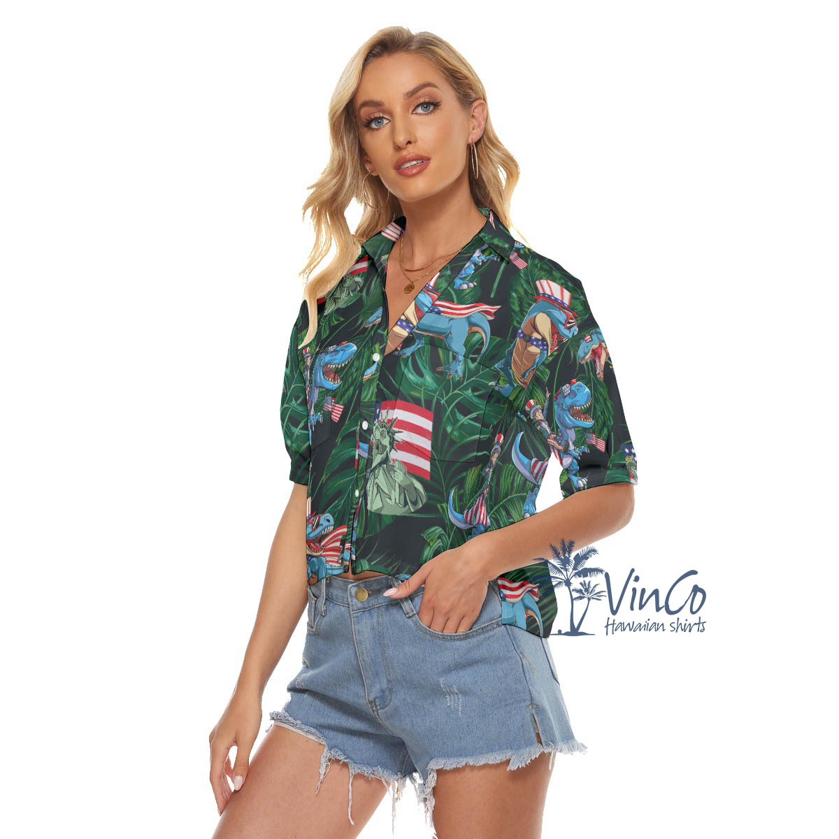 Tropical Dinosaur American Flag Hawaiian Cropped Shirt
