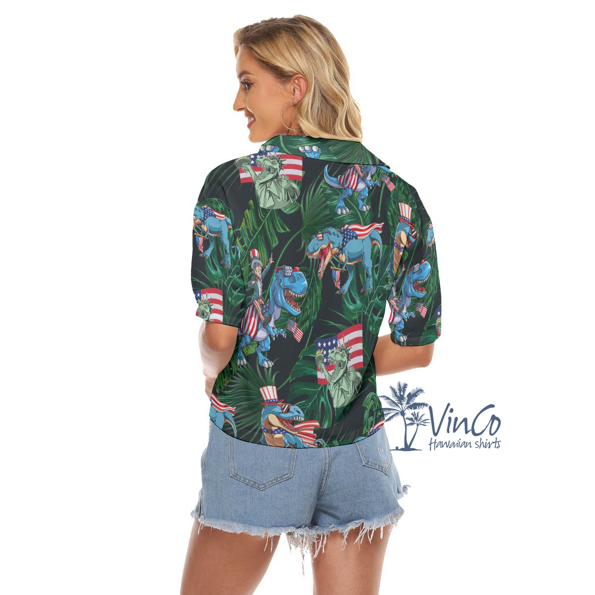 Tropical Dinosaur American Flag Hawaiian Cropped Shirt