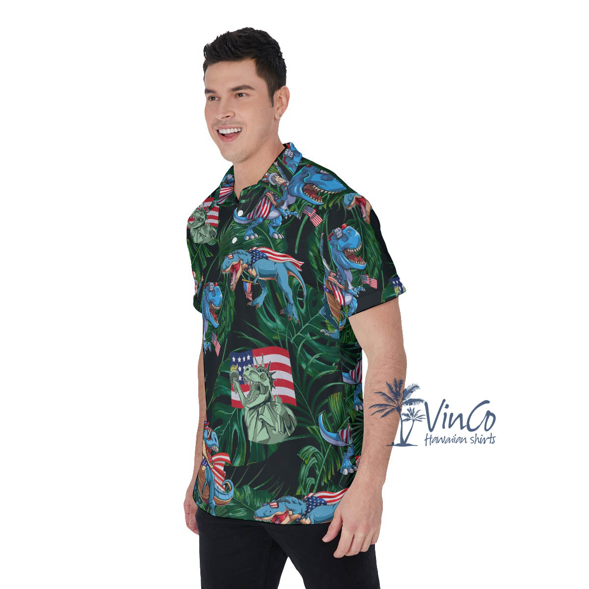 Funny American Flag Dinosaur Green Hawaiian Polo Shirt For Men