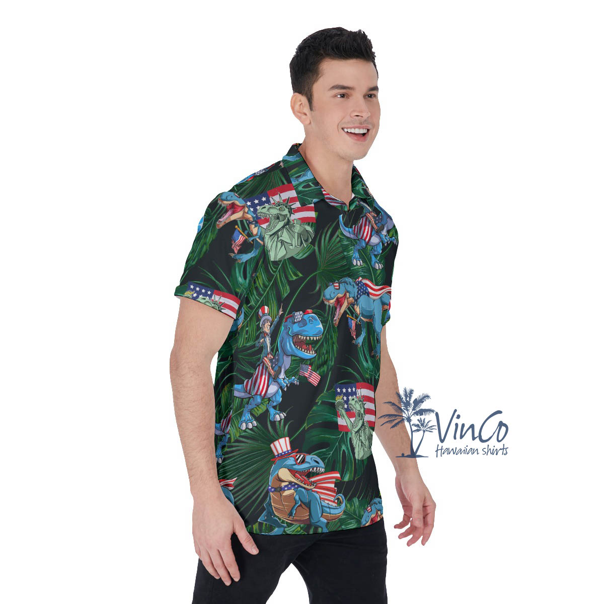 Funny American Flag Dinosaur Green Hawaiian Polo Shirt For Men