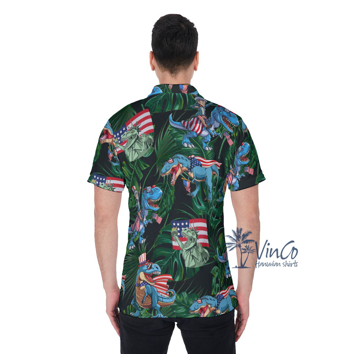 Funny American Flag Dinosaur Green Hawaiian Polo Shirt For Men