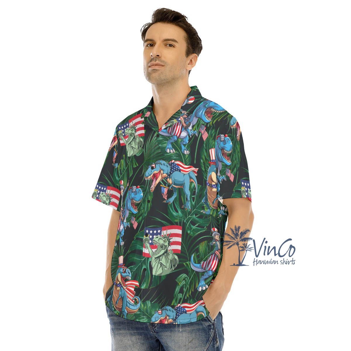 Funny Dinosaur 4th Of July Tropical Hawaiian Shirt