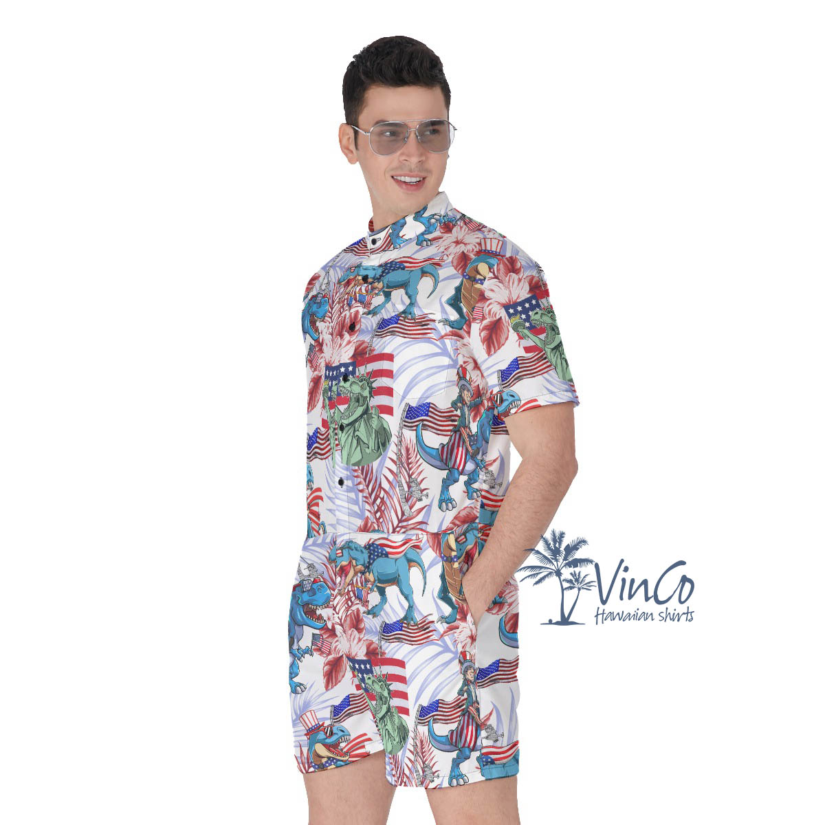 Amerisaurus Rex Hibiscus Men's Hawaiian Romper