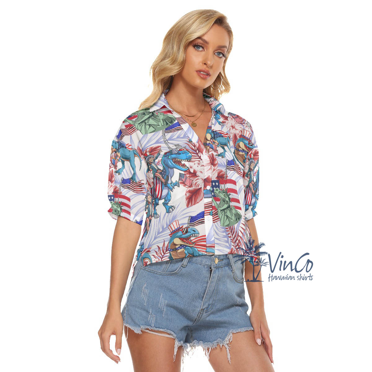 Floral American Flag Dinosaur Aloha Crop Top Shirt
