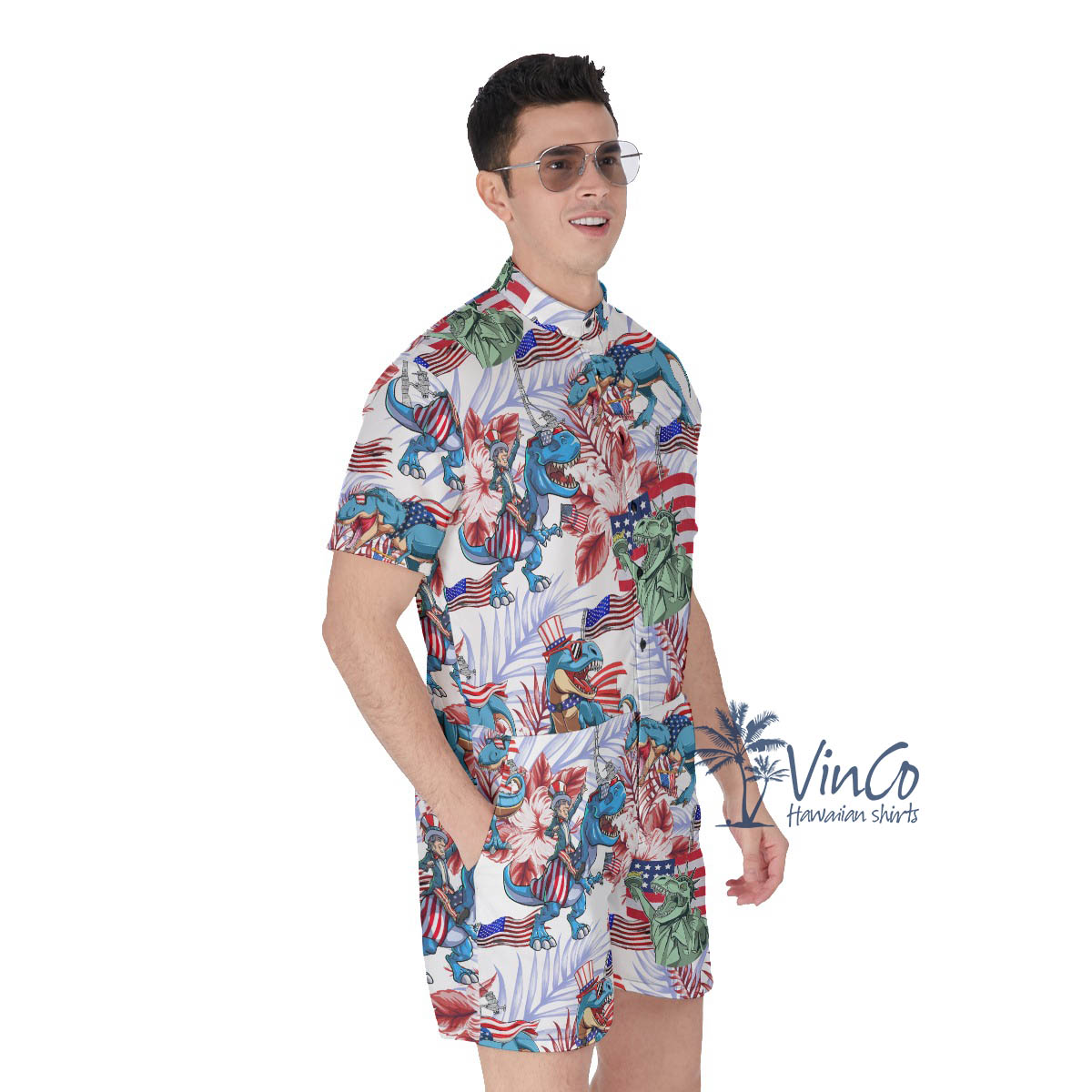 Amerisaurus Rex Hibiscus Men's Hawaiian Romper