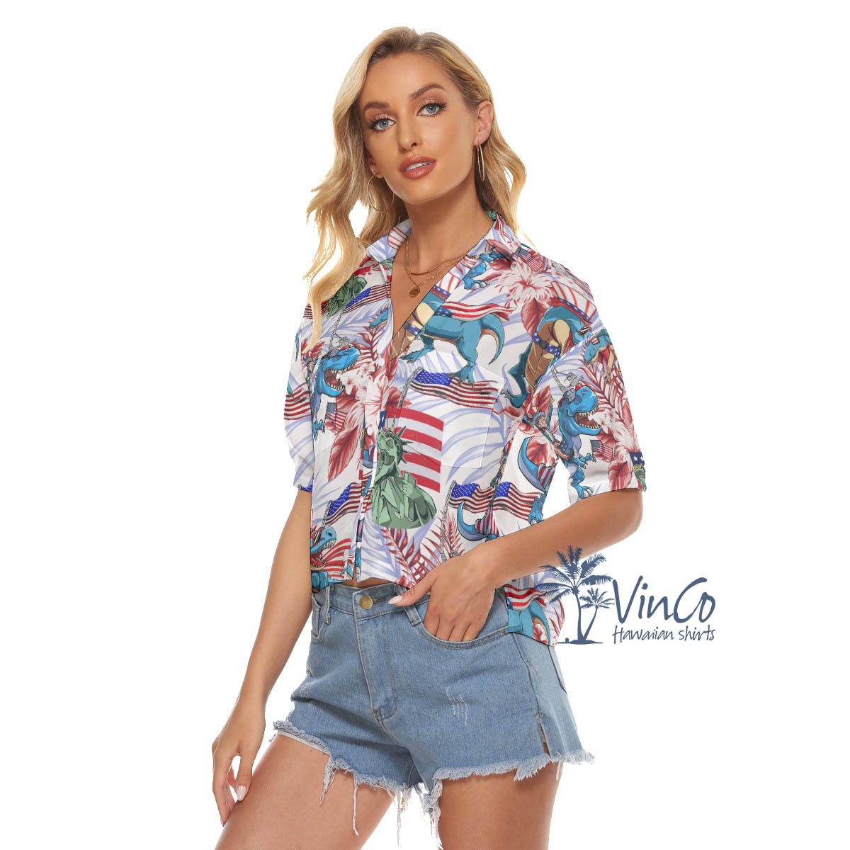 Floral American Flag Dinosaur Aloha Crop Top Shirt