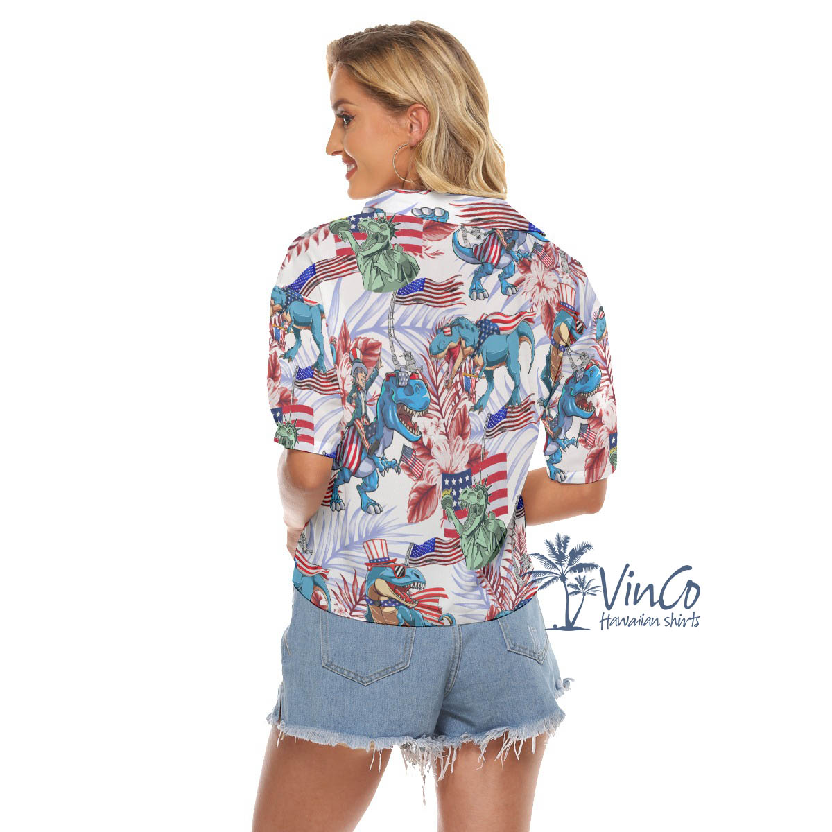 Floral American Flag Dinosaur Aloha Crop Top Shirt
