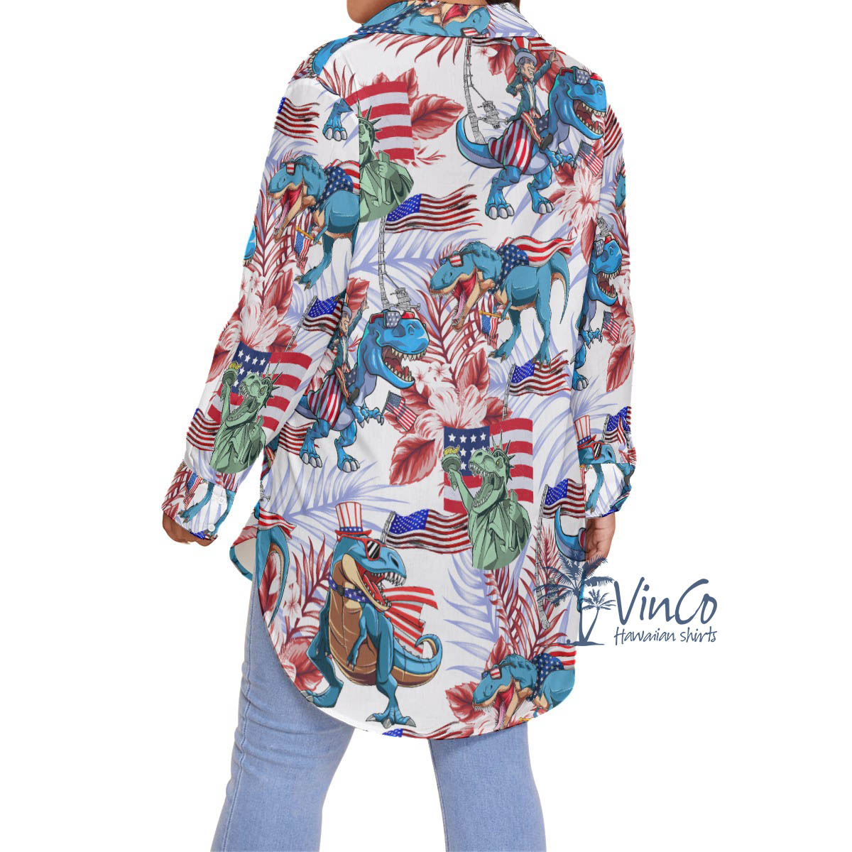 Funny American Flag Dinosaur Hibiscus Hawaiian Oversized Shirt For Women