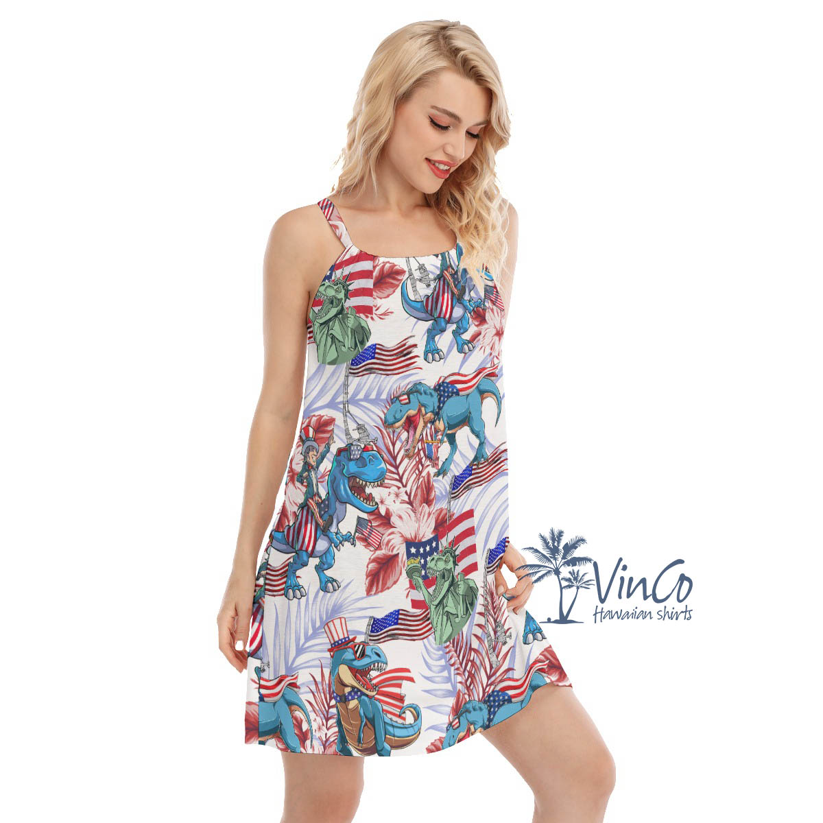 Funny Dinosaur Patriotic Floral Hawaiian Dresses For Women