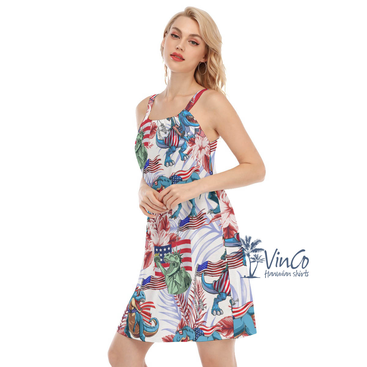 Funny Dinosaur Patriotic Floral Hawaiian Dresses For Women