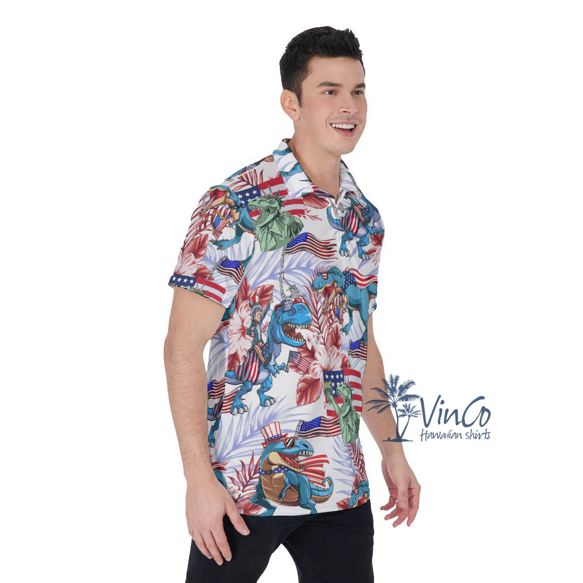 Funny Dinosaur American Flag Floral Hawaiian Polo Shirt