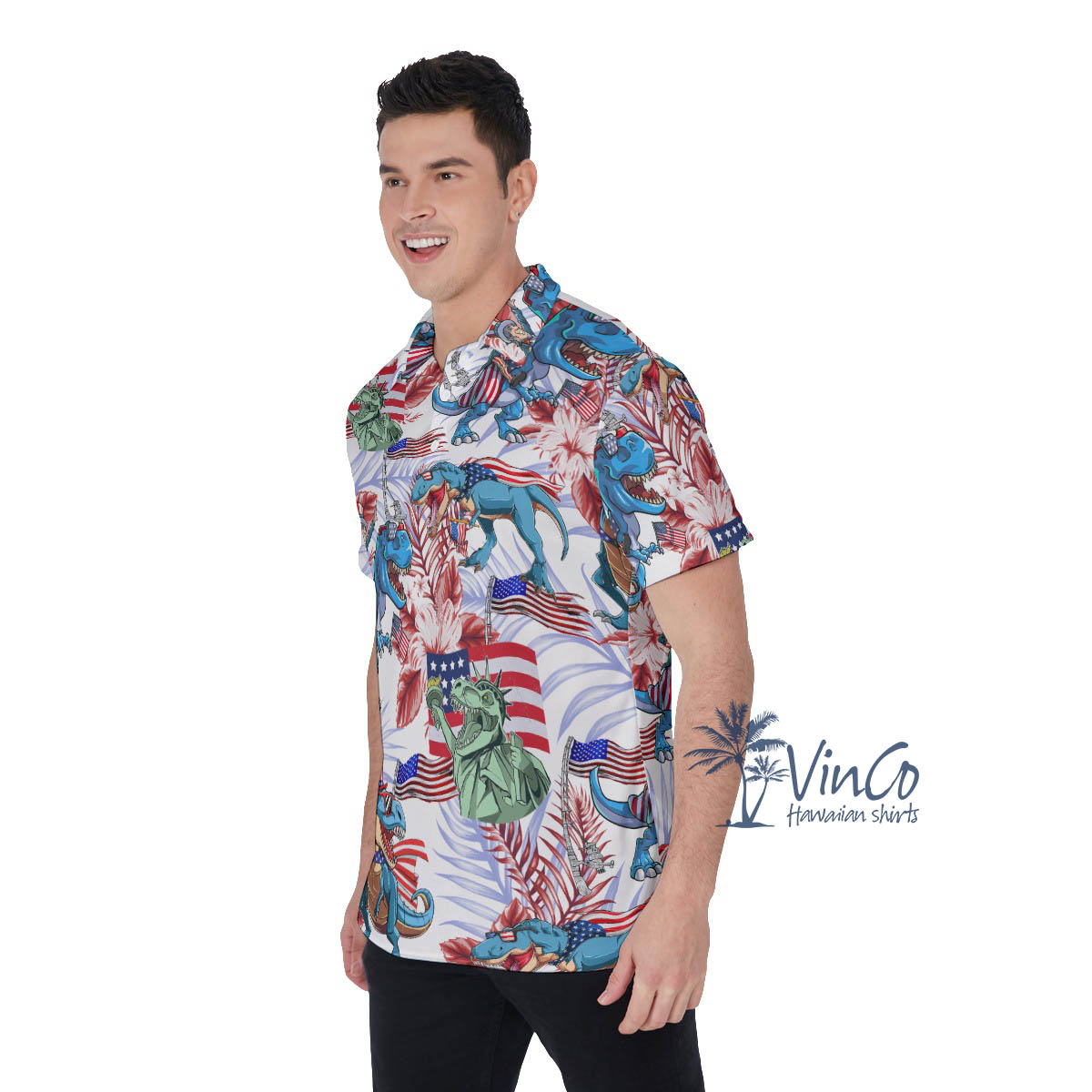 Funny Dinosaur American Flag Floral Hawaiian Polo Shirt