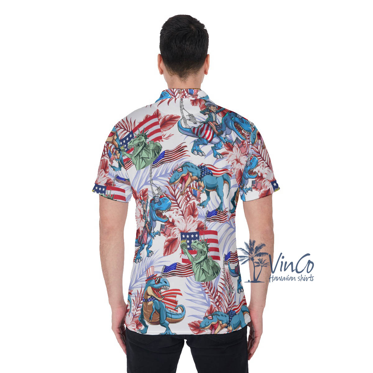 Funny Dinosaur American Flag Floral Hawaiian Polo Shirt