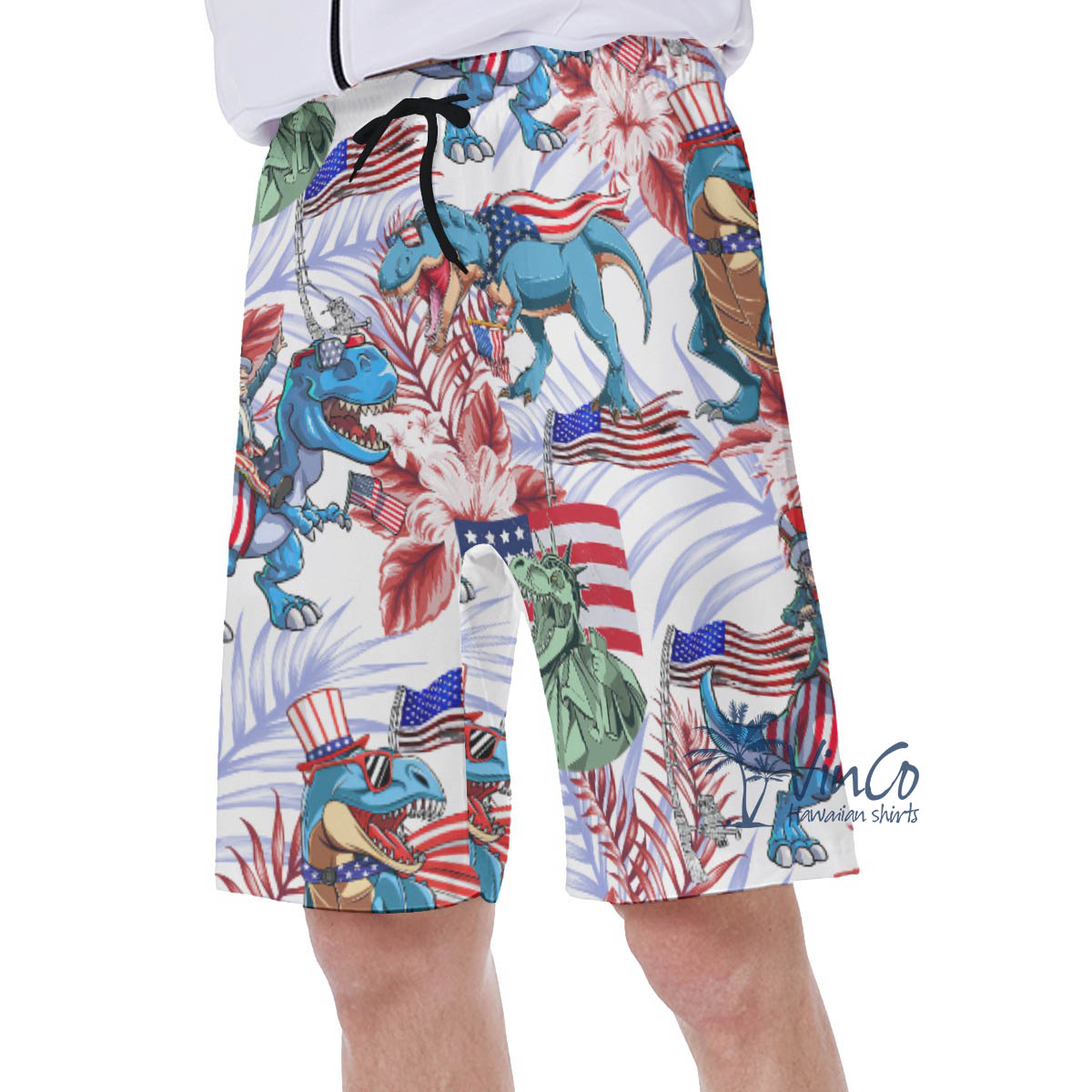 Patriotic Dinosaur American Flag Floral Hawaiian Swimwear For Men