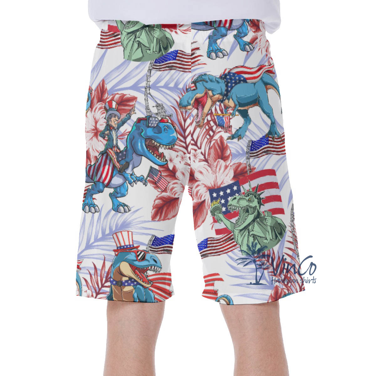 Patriotic Dinosaur American Flag Floral Hawaiian Swimwear For Men