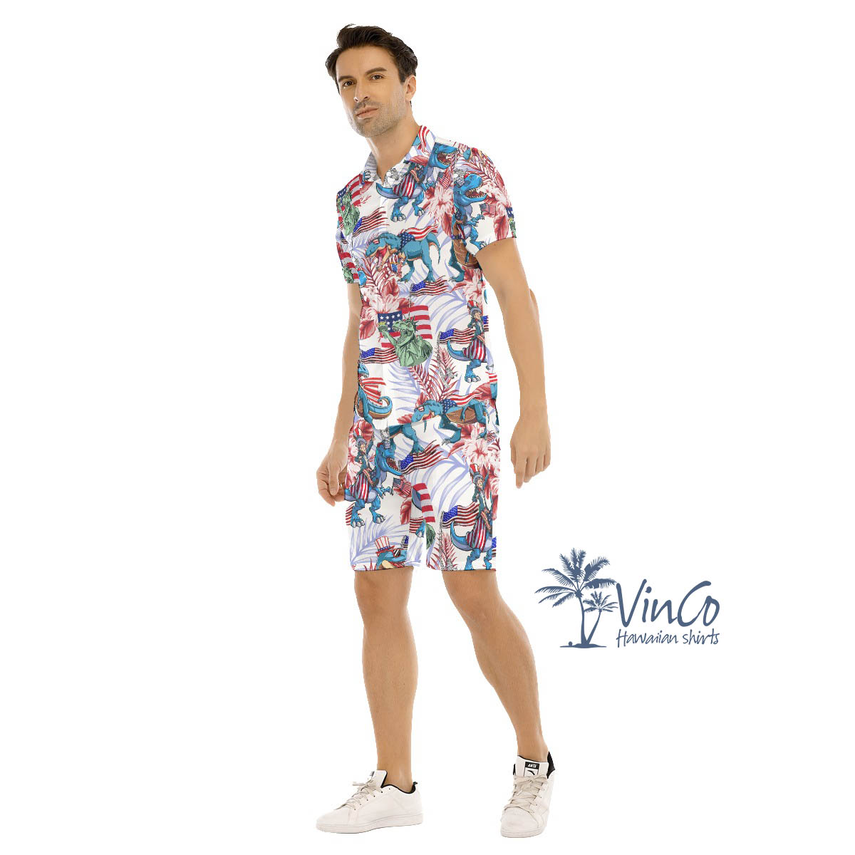 Funny Dinosaur American Flag Floral Hawaiian Shirt And Shorts For Men