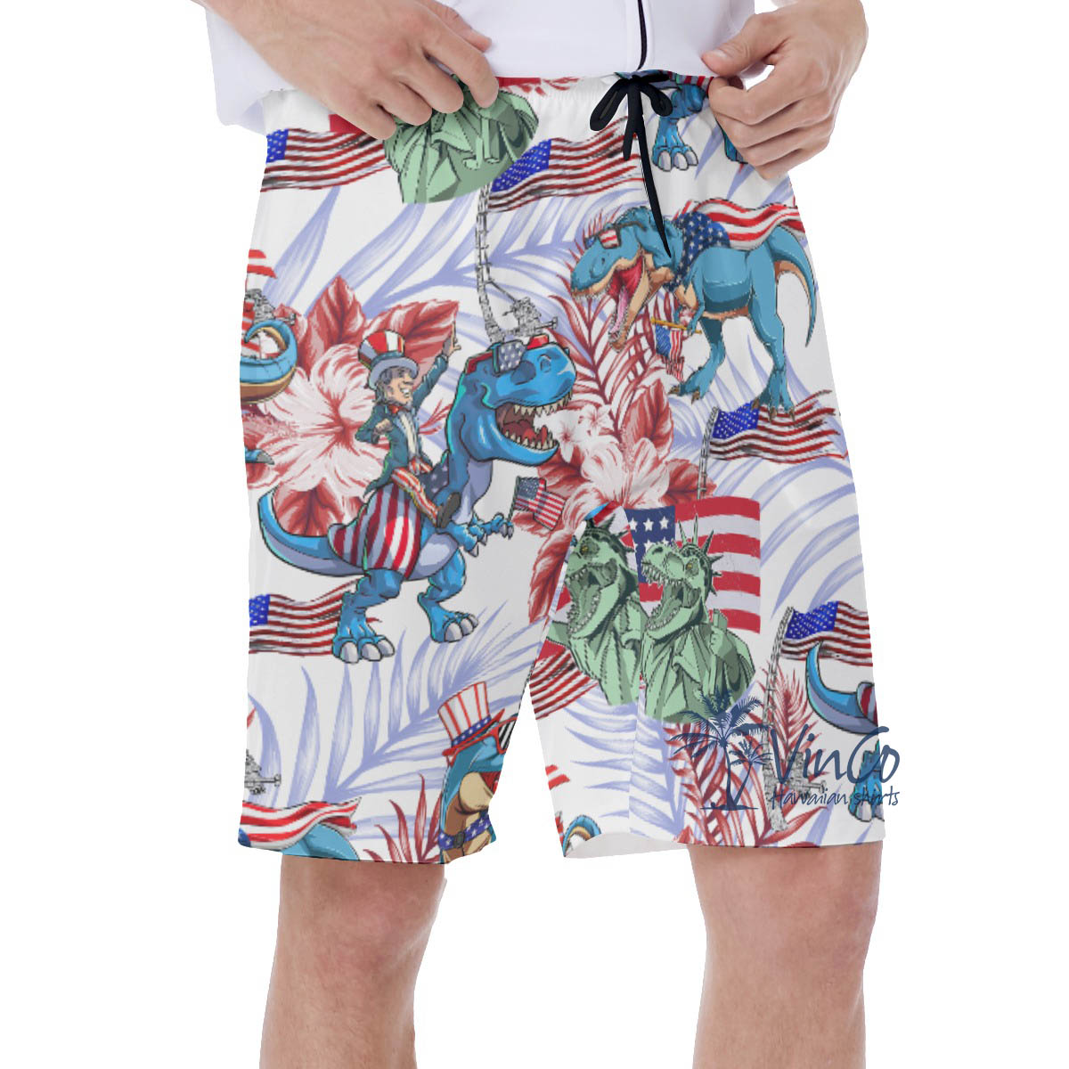 Patriotic Dinosaur American Flag Floral Hawaiian Swimwear For Men