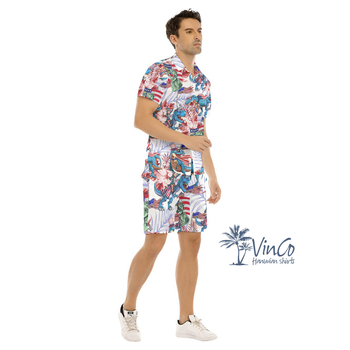 Funny Dinosaur American Flag Floral Hawaiian Shirt And Shorts For Men