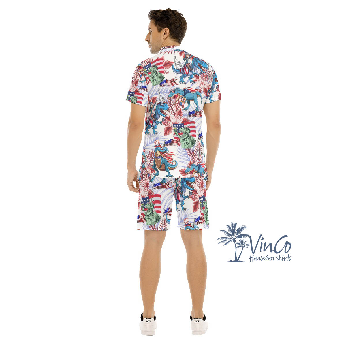 Funny Dinosaur American Flag Floral Hawaiian Shirt And Shorts For Men