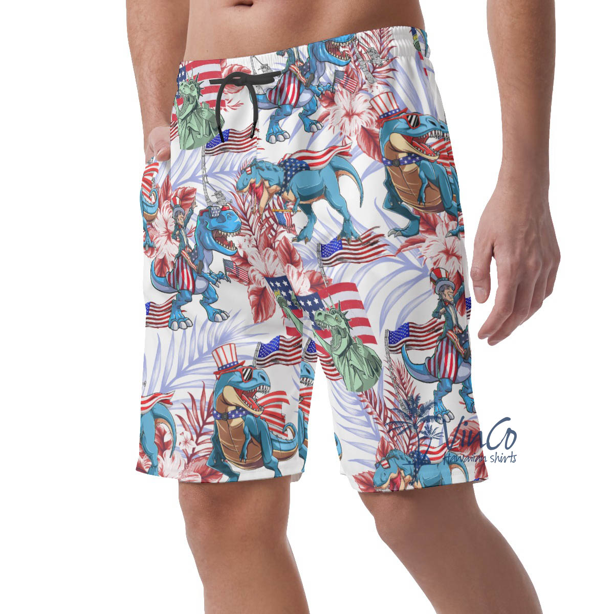 Floral Amerisaurus Patriotic Hawaiian Beach Shorts For Men