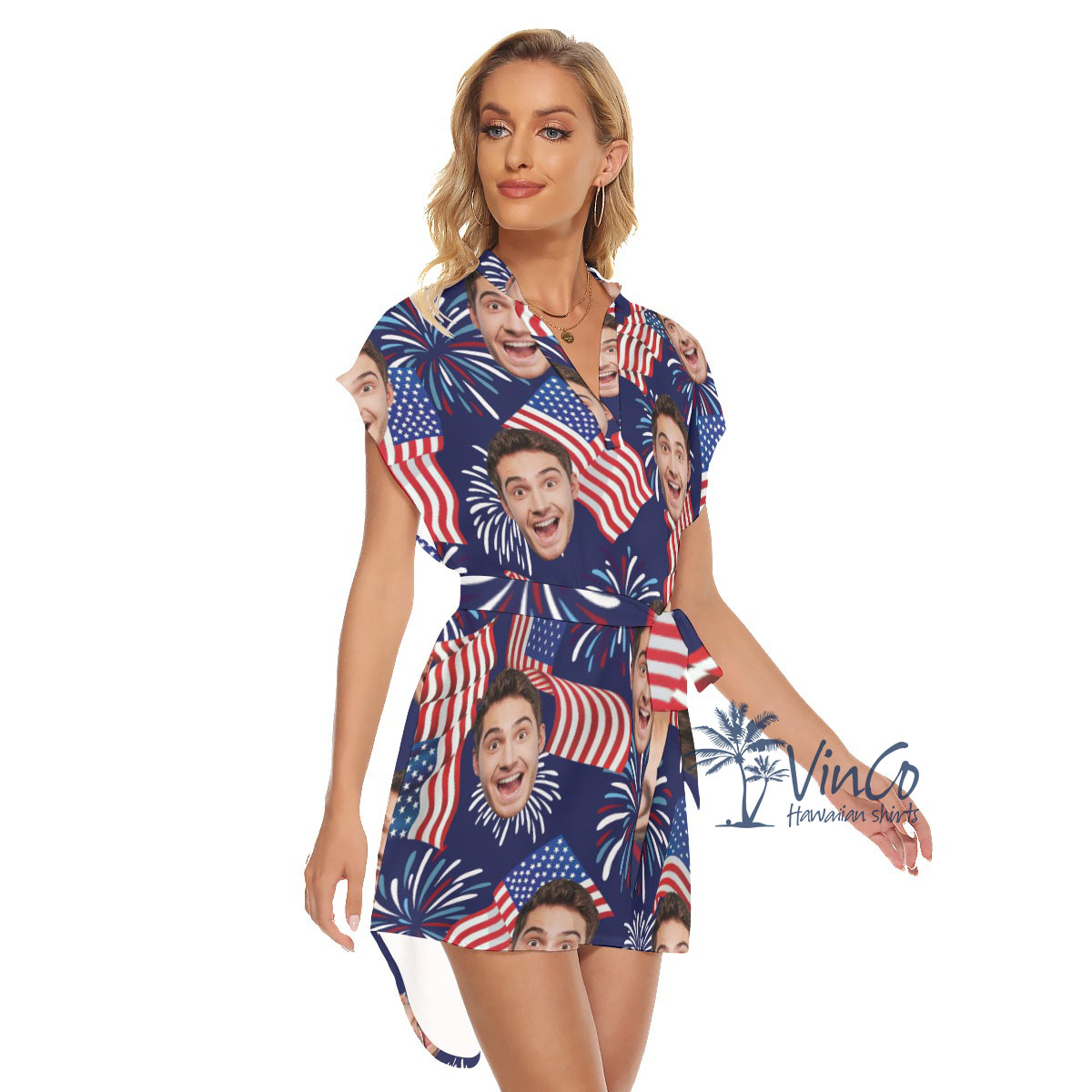 Custom Face American Flag Women's Dress With Belts