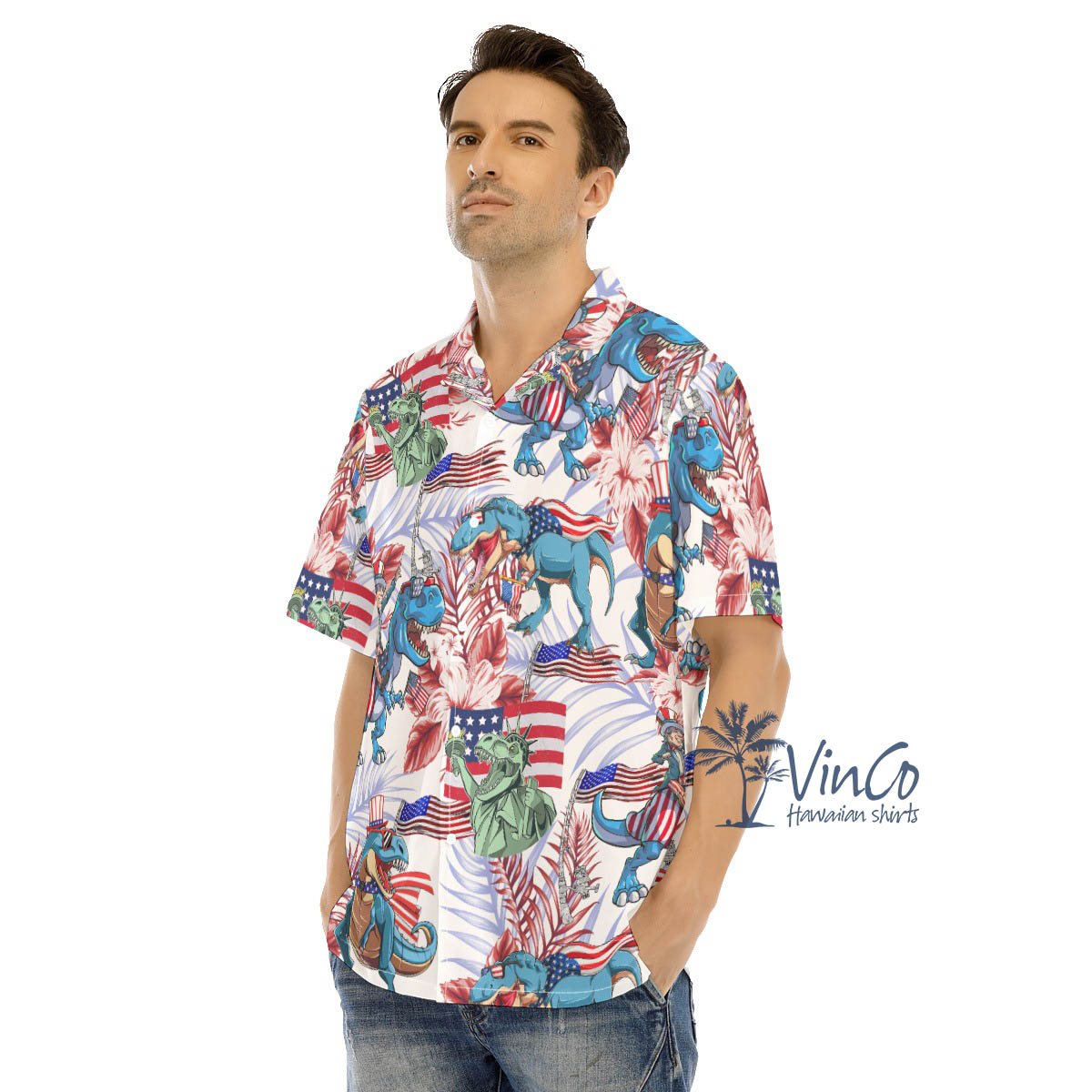Funny Dinosaur 4th Of July Floral Hibiscus Hawaiian Shirt