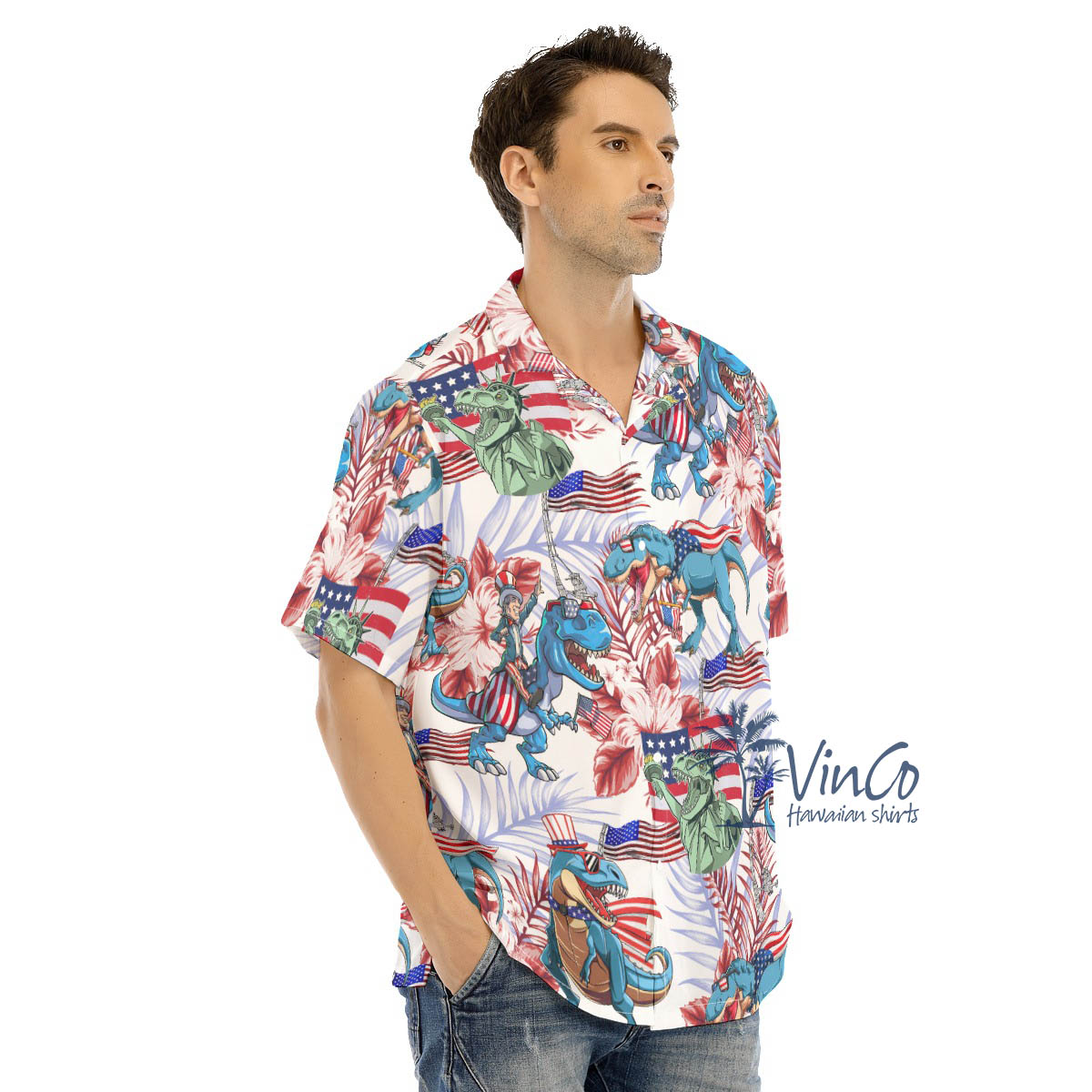Funny Dinosaur 4th Of July Floral Hibiscus Hawaiian Shirt