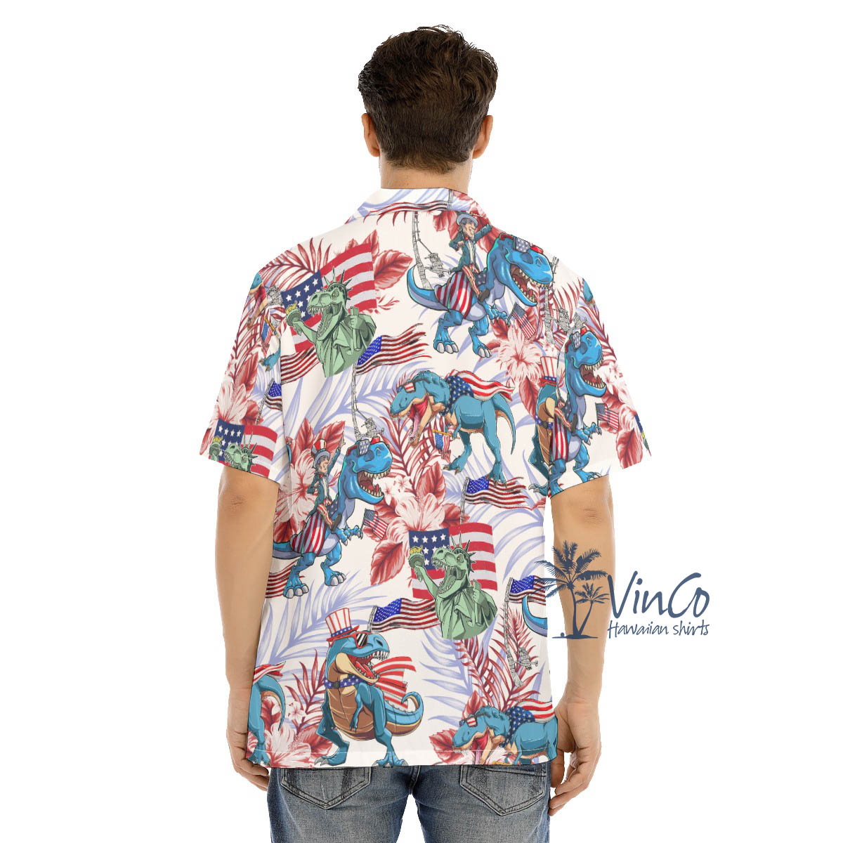 Funny Dinosaur 4th Of July Floral Hibiscus Hawaiian Shirt