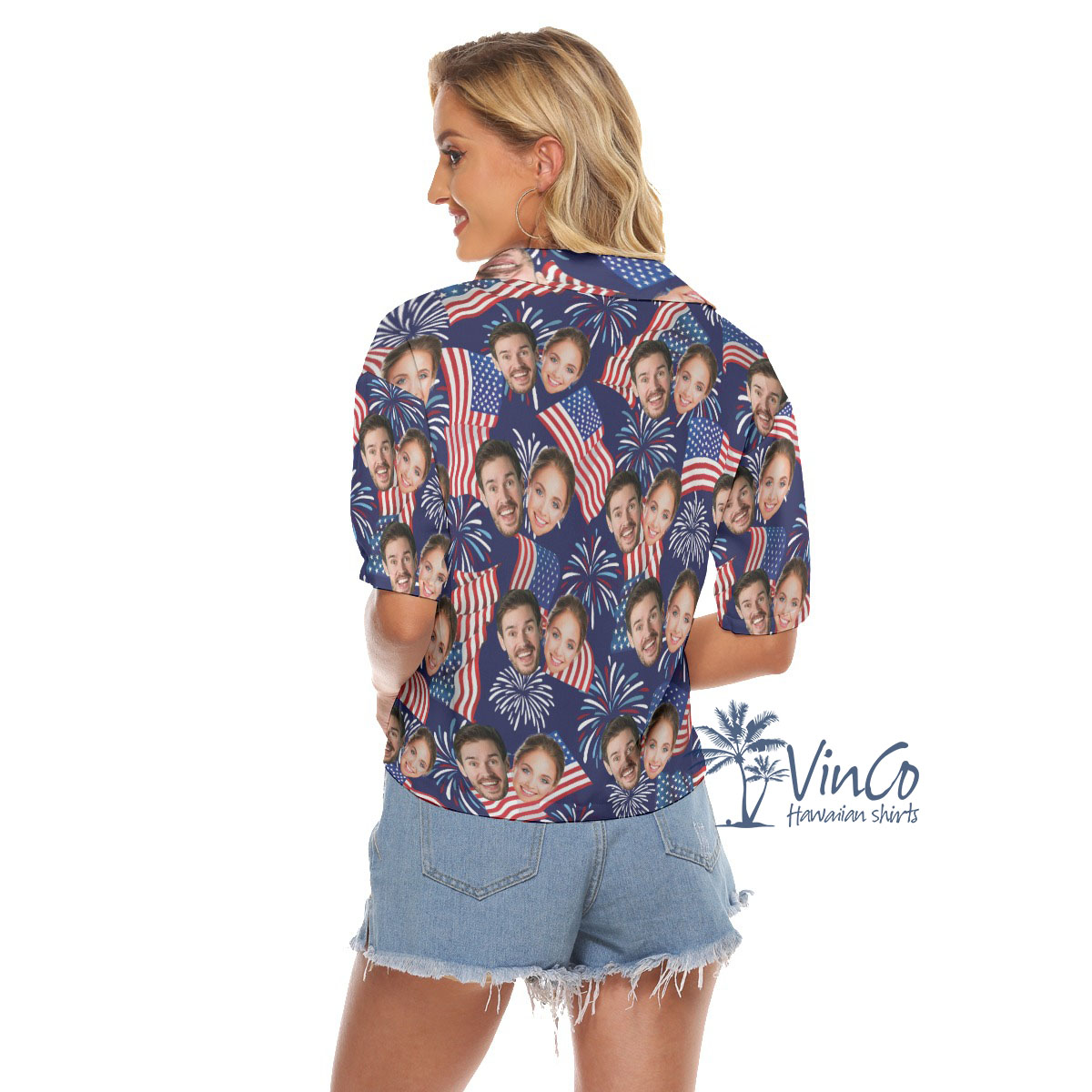 Custom Face American Flag Women's Hawaiian Crop Shirt