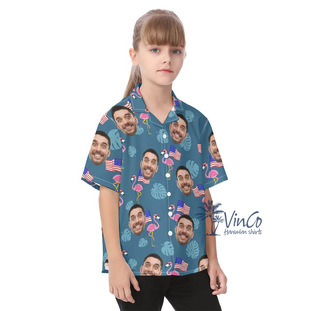 Custom Face Flamingo Independence Day Aloha Shirt For Kids