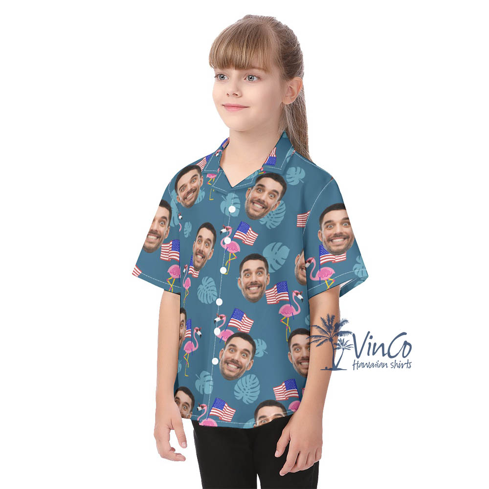 Custom Face Flamingo Independence Day Aloha Shirt For Kids