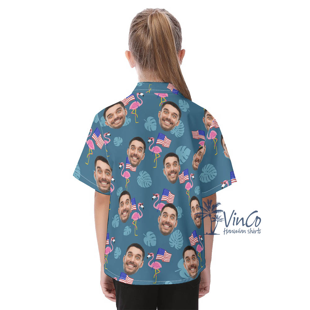 Custom Face Flamingo Independence Day Aloha Shirt For Kids