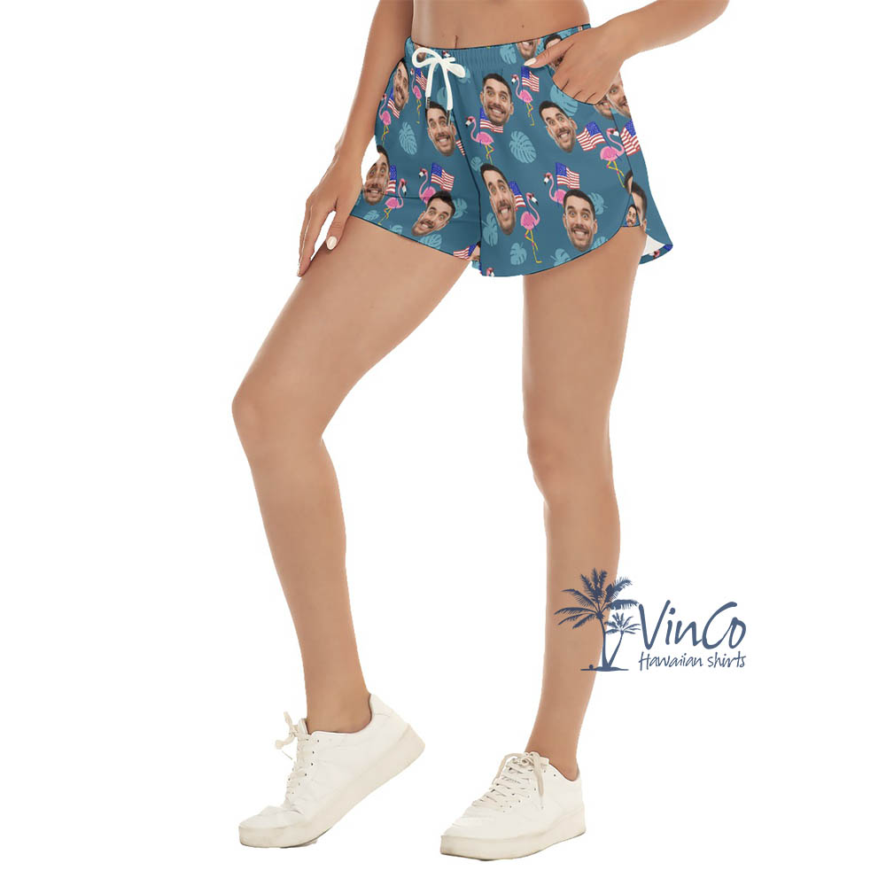 Custom Face Patriotic Flamingo Beach Shorts For Women