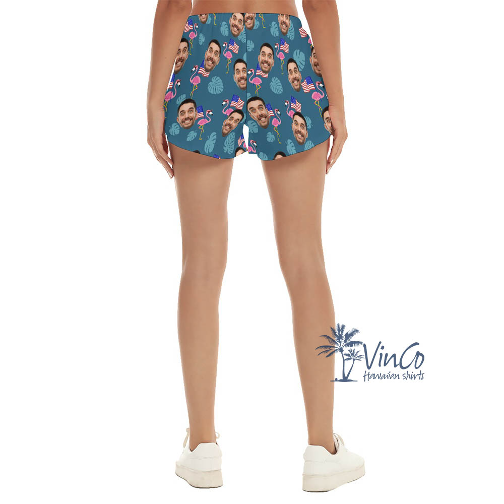 Custom Face Patriotic Flamingo Beach Shorts For Women