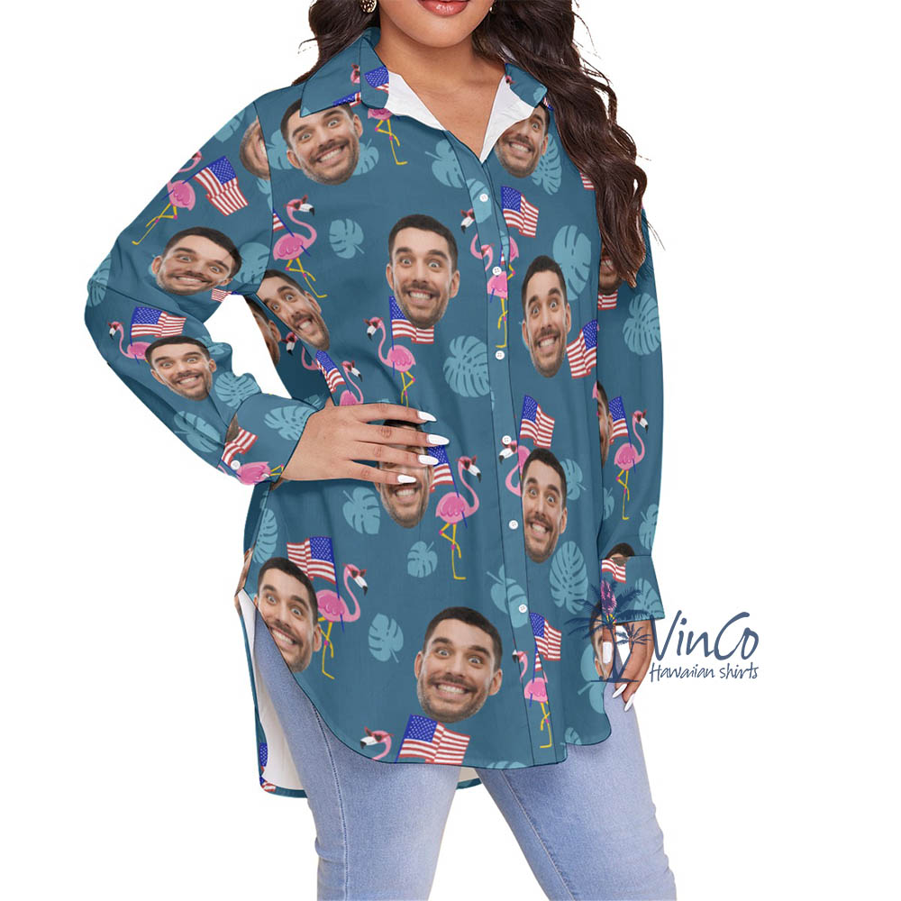Custom Face Flamingo Independence Plus Size Hawaiian Shirt For Women