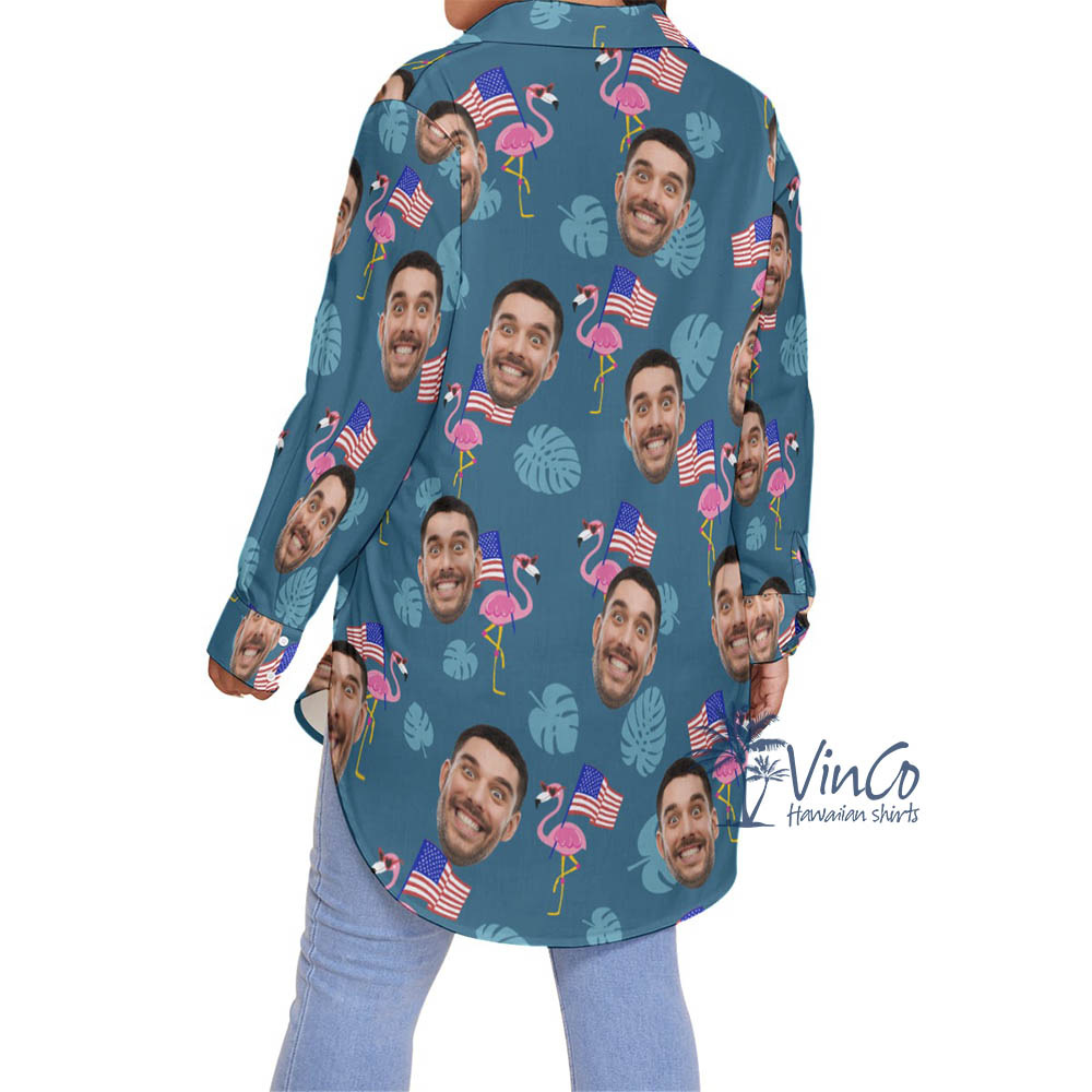 Custom Face Flamingo Independence Plus Size Hawaiian Shirt For Women