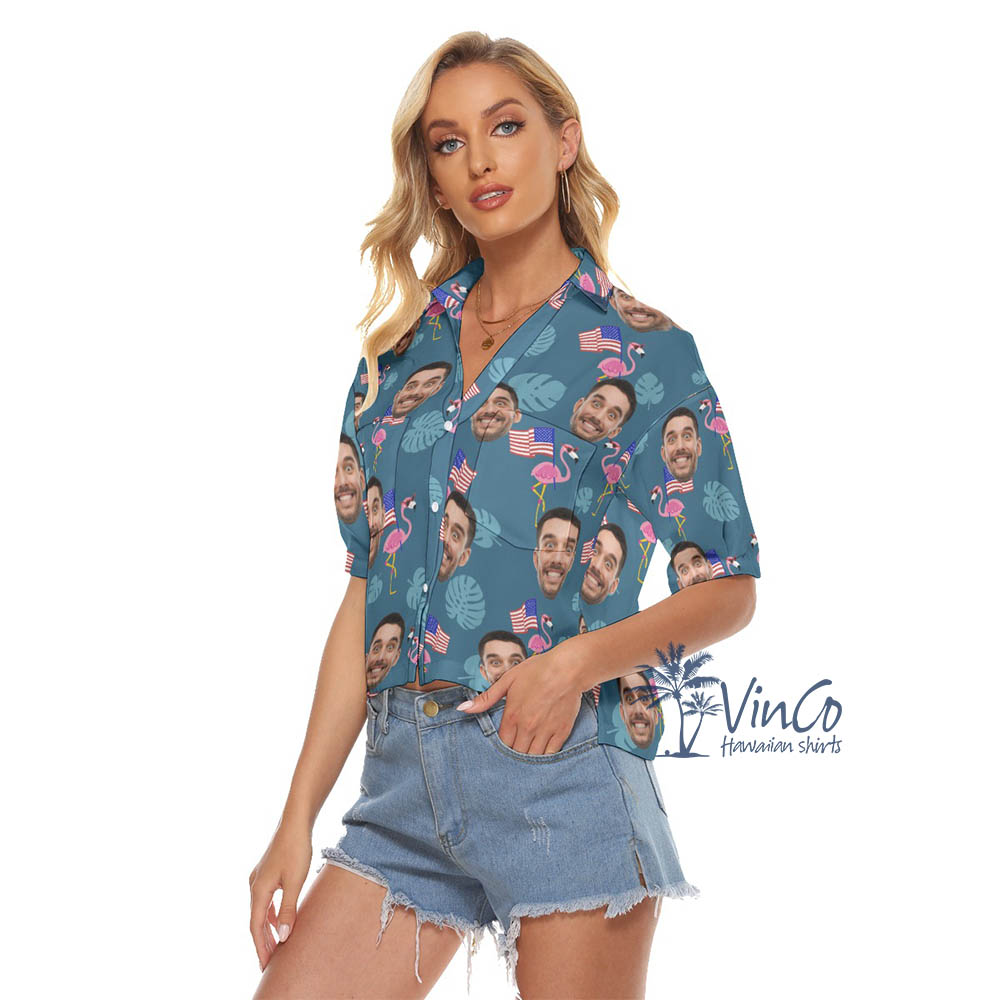 Custom Face Flamingo Patriotic Cropped Hawaiian Shirt For Women