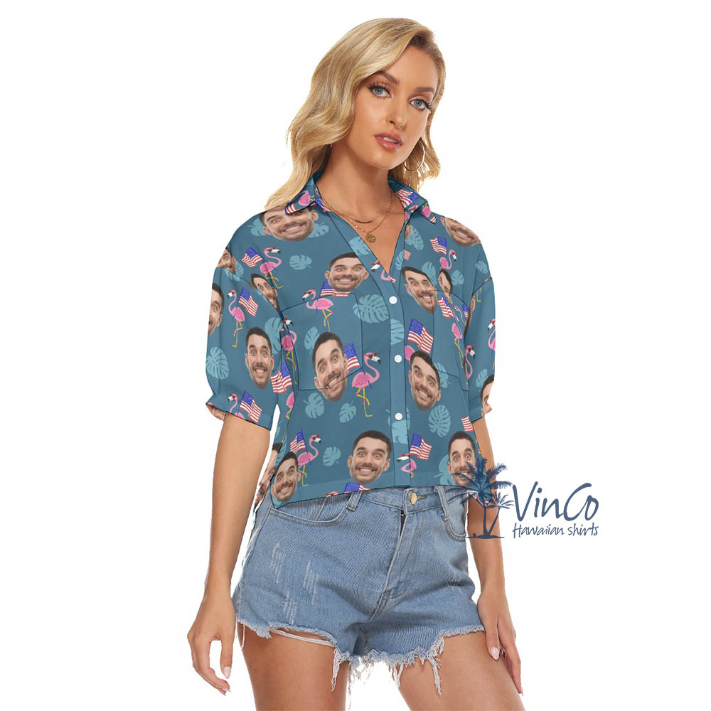 Custom Face Flamingo Patriotic Cropped Hawaiian Shirt For Women
