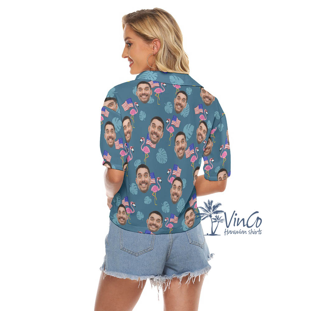 Custom Face Flamingo Patriotic Cropped Hawaiian Shirt For Women