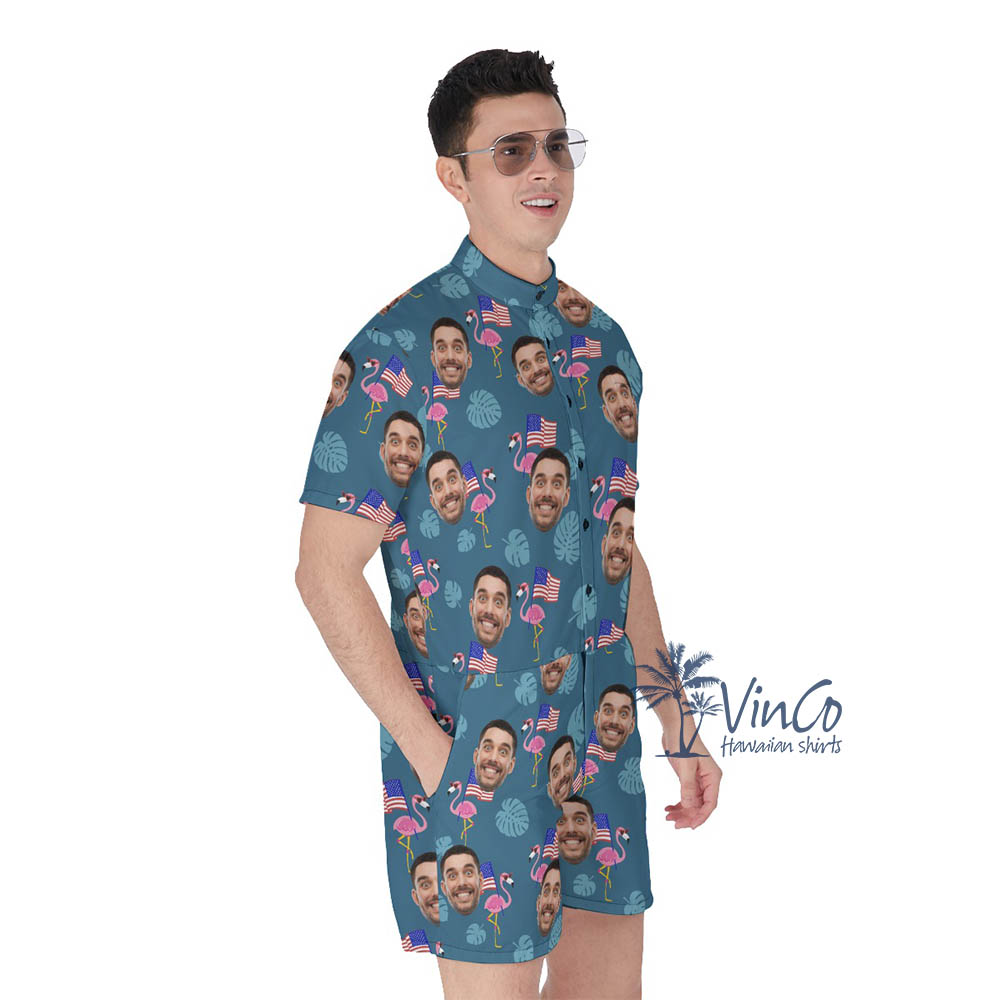 Custom Face Flamingo American Flag Men's Romper