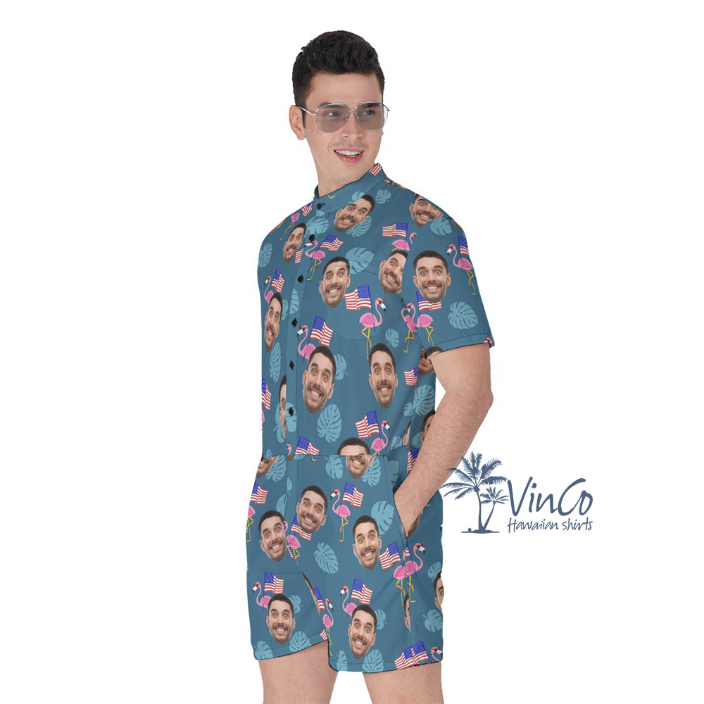 Custom Face Flamingo American Flag Men's Romper