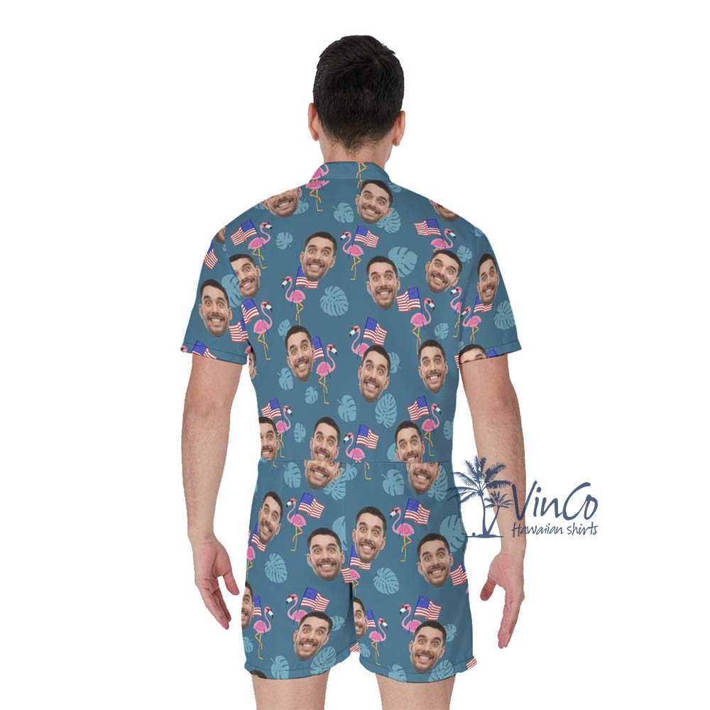 Custom Face Flamingo American Flag Men's Romper