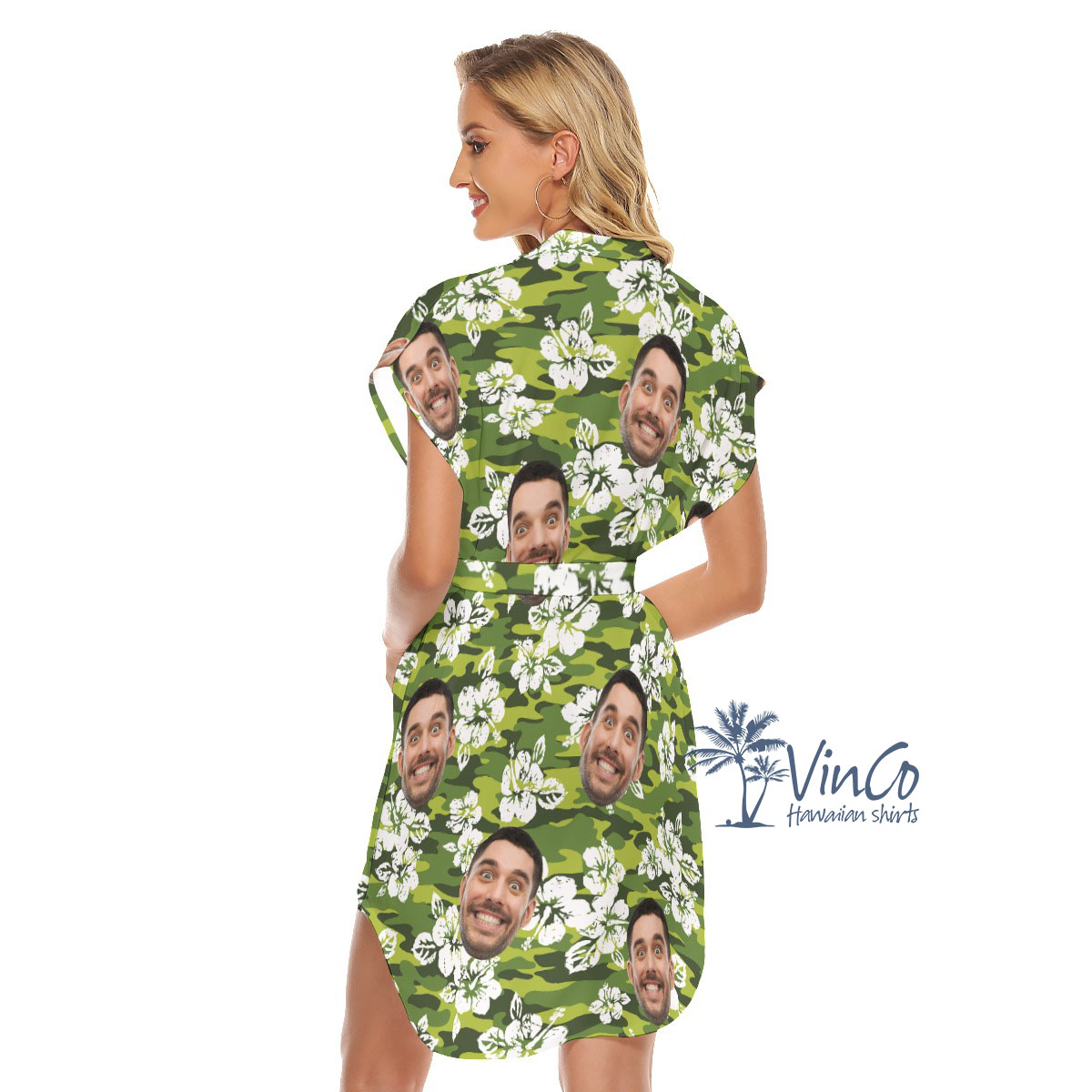 Custom Face Hibiscus Camouflage Women's Dress With Belt