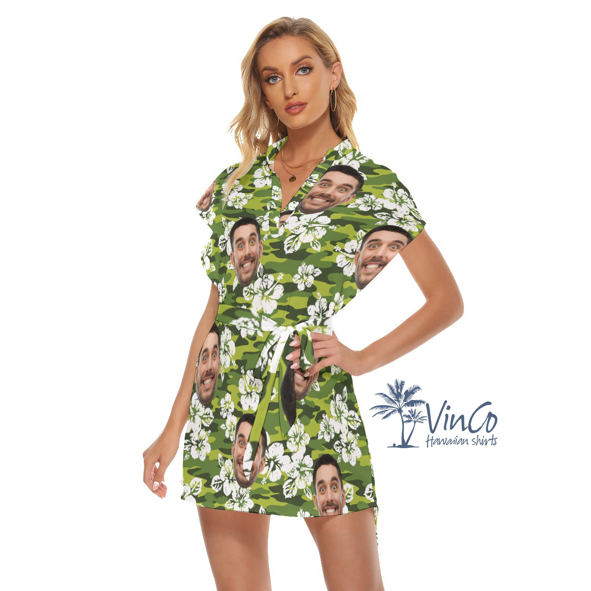 Custom Face Hibiscus Camouflage Women's Dress With Belt