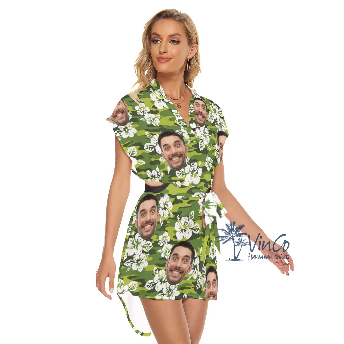 Custom Face Hibiscus Camouflage Women's Dress With Belt