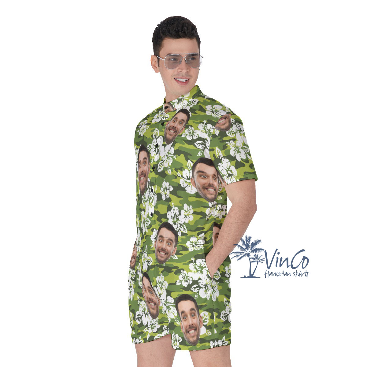 Hibiscus Camouflage Hawaiian Romper With Custom Face