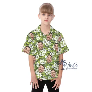 Hibiscus Camouflage Kid's Button Up Shirt With Multiple Faces