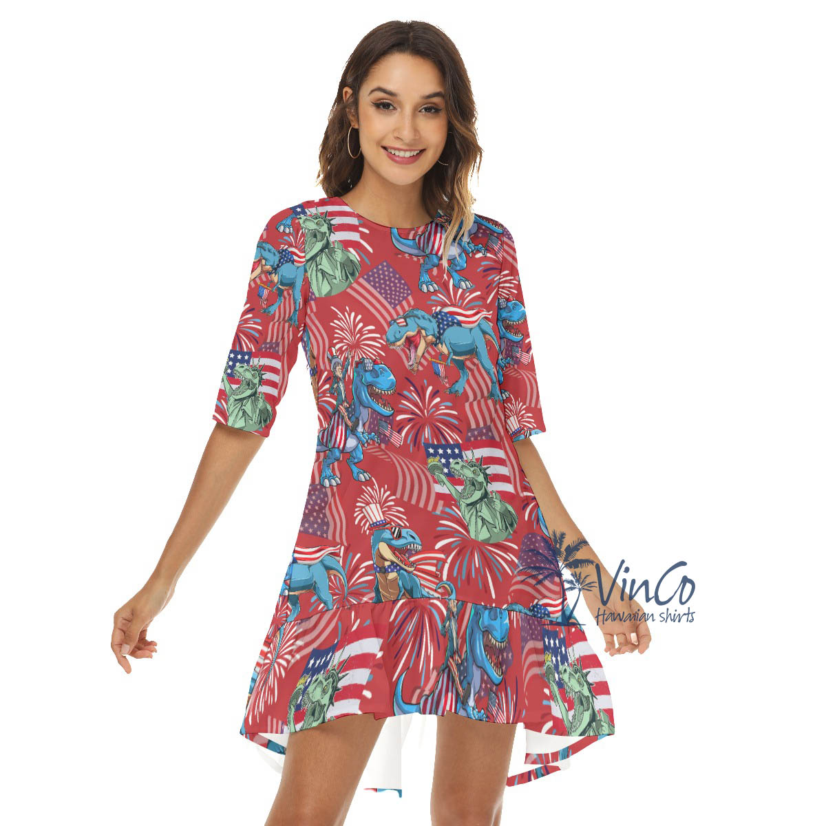 Funny Dinosaur 4th Of July Red Hawaiian Half Sleeve Dress With Ruffle Hem - variant image 1