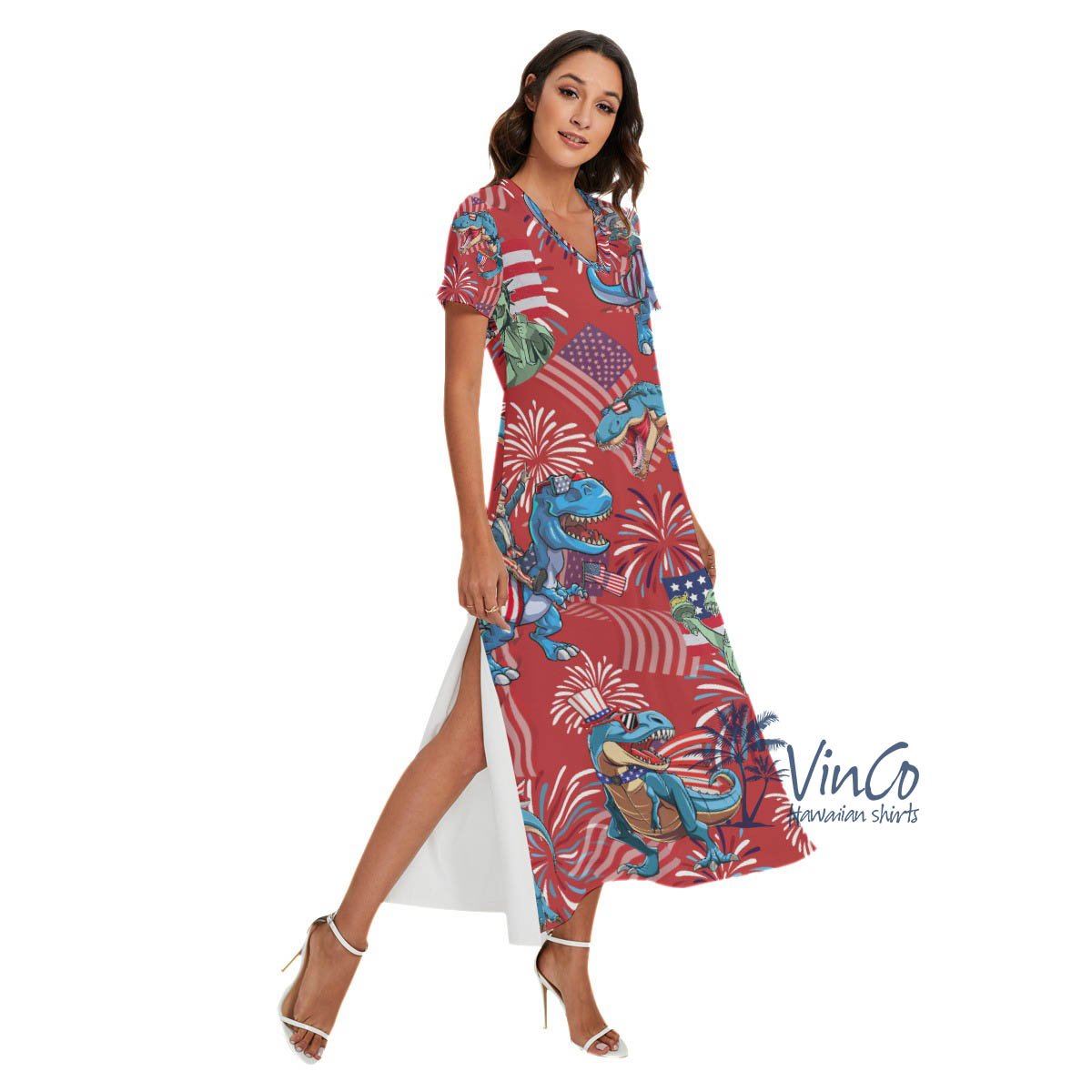 Patriotic Dinosaur Red Hawaiian V-neck Dress With Side Slit - variant image 1